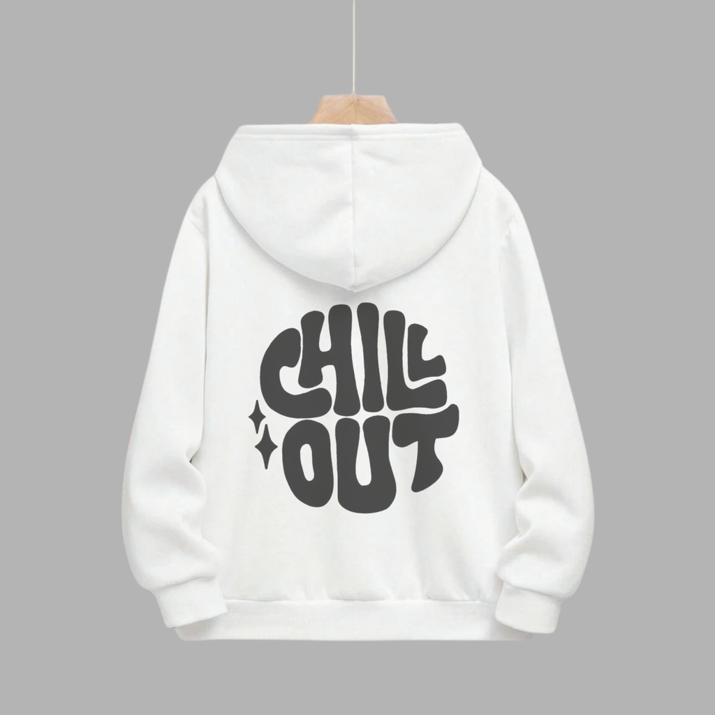 White RAW Hoodie – "CHILL OUT" Retro Graphic Back Print | Unisex Relaxed Fit Pullover