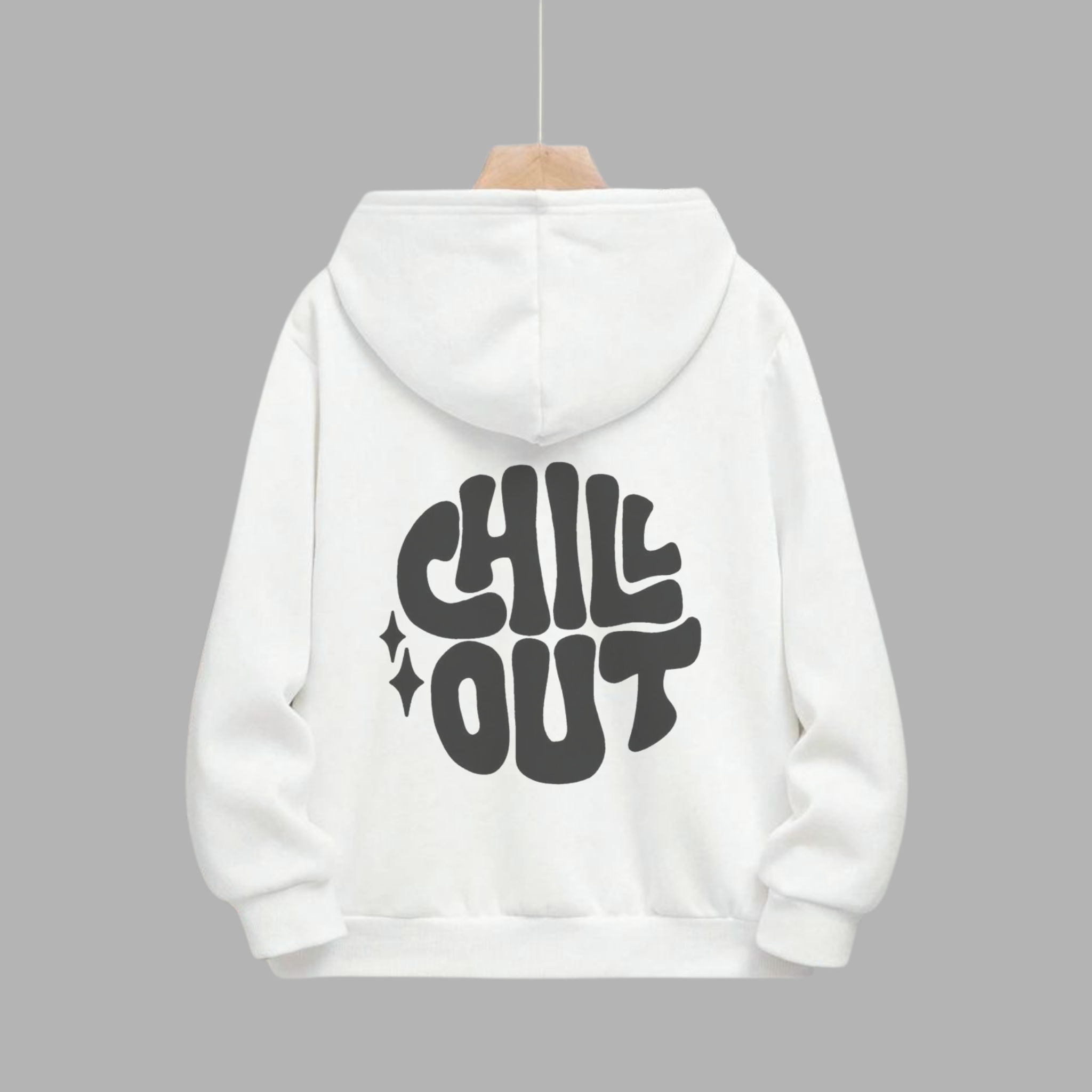White RAW Hoodie – "CHILL OUT" Retro Graphic Back Print | Unisex Relaxed Fit Pullover